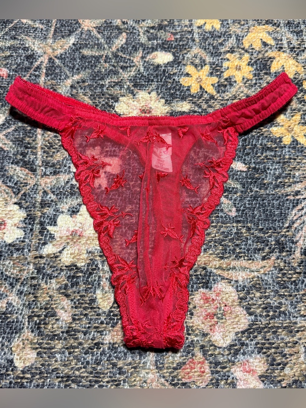 vintage victoria’s secret 1998 red embroidered sheer thong panties size medium